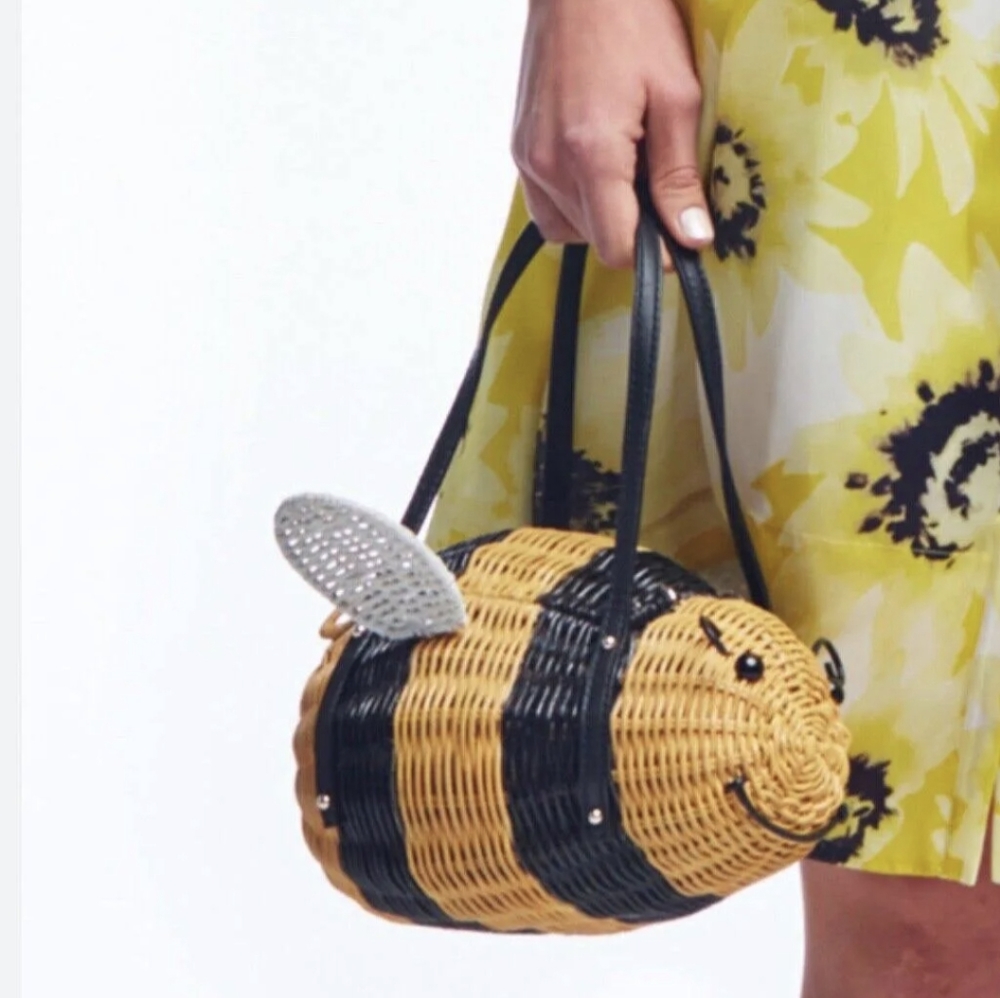 NEW RARE Kate Spade Down the Rabbit Hole Novelty Wicker Bumble Bee Handbag